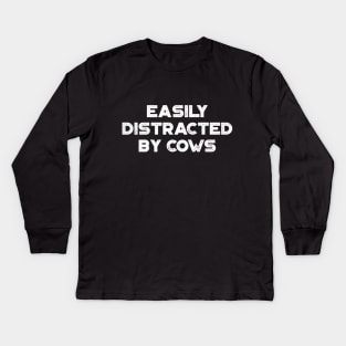 Easily Distracted By Cows Funny Vintage Retro (White) Kids Long Sleeve T-Shirt